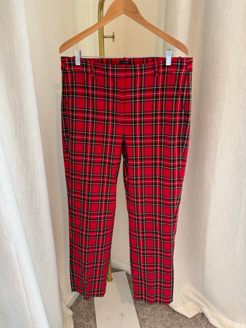 J.Crew Kallie Pants Women's 14 Tall Red Plaid Stretch Slash Pockets Straight Leg